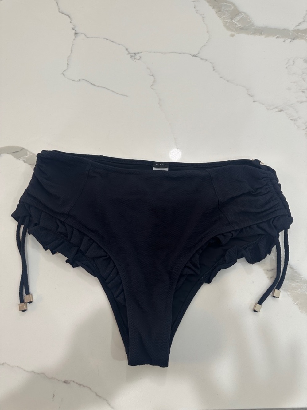 Ruffled High-Waist Bikini Bottom - Black